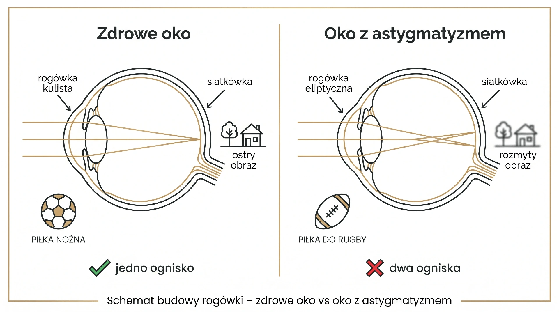 schemat budowy rogówki - zdrowe oko vs oko z astygmatyzmen
